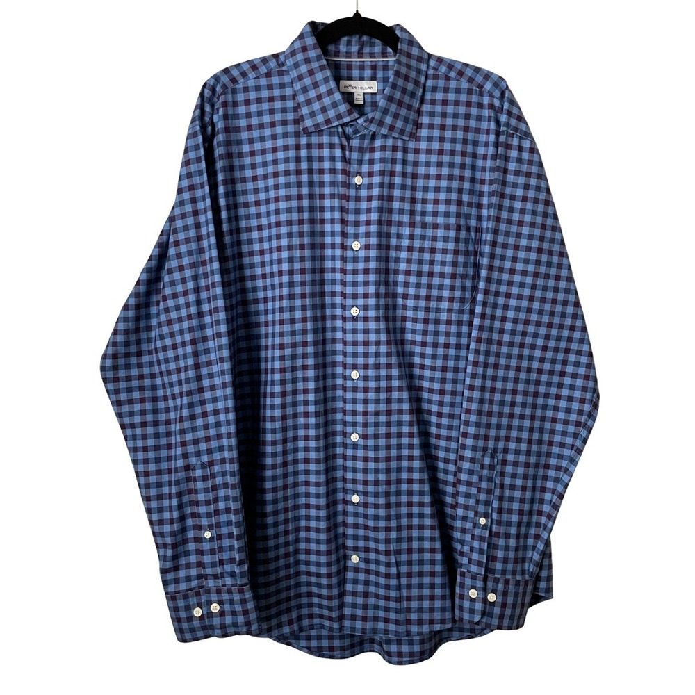 Peter Millar Shirt Mens XL Blue Purple Gingham Check Cotton‎ Long Sleeve Preppy
